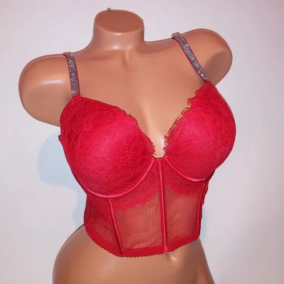 Victoria Secret Bra Push Up Red Silver Shine Strap Logo Lace Long Line Very Sexy Bras